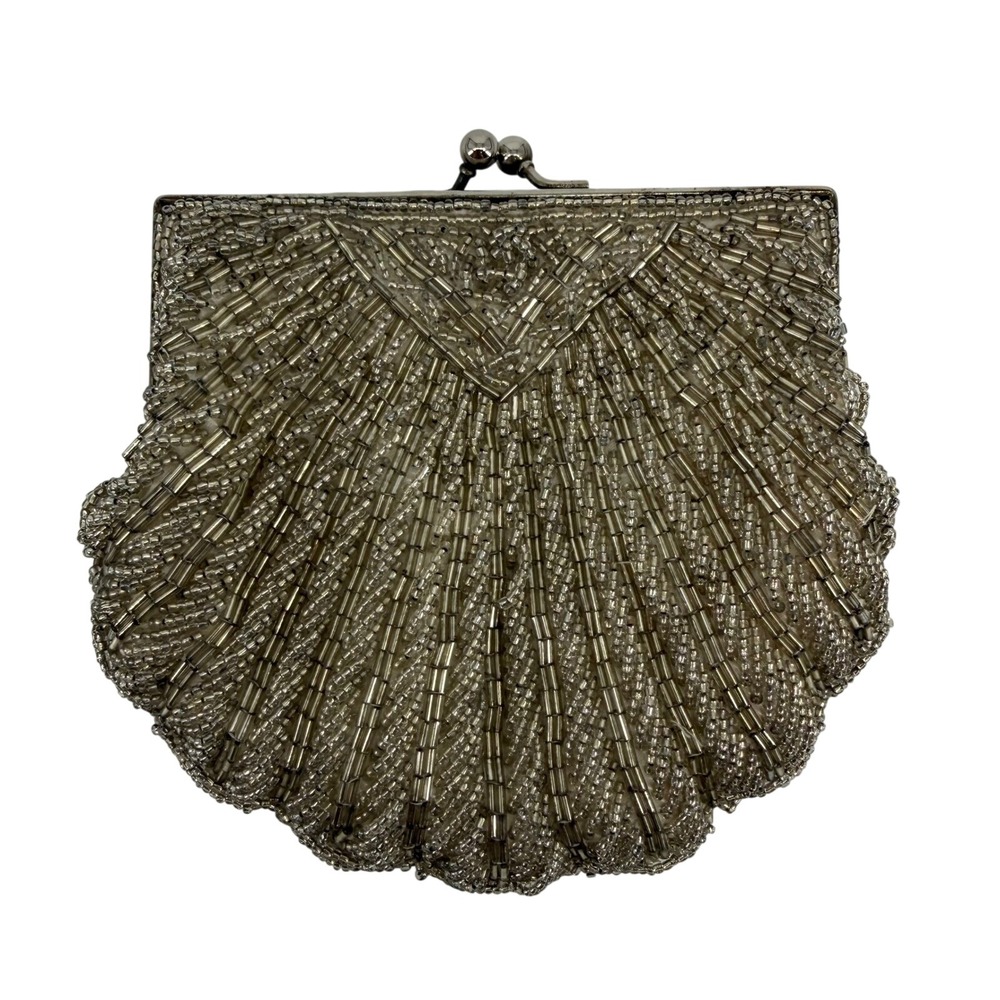 Vintage Beaded Shell Evening Bag Silver Crossbody Clutch Kiss Lock Mermaidcore